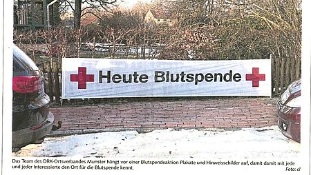 Ein markanter Ausschnitt aus dem Zeitungsbericht zur Blutspende zeigt das Engagement rund um die Aktion in Munster.